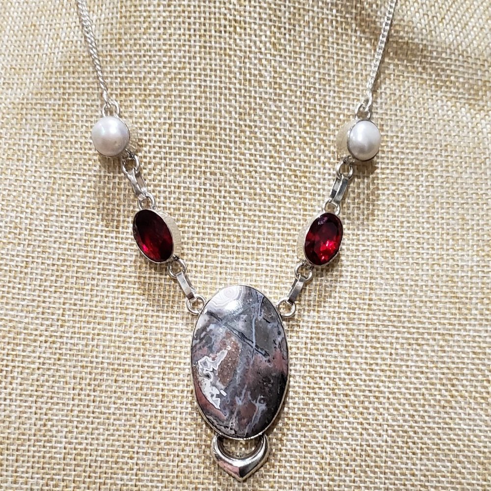 Beautiful Handmade Copper Rhodochrosite Garnet Opal Multi-Gemstone 925 Necklace